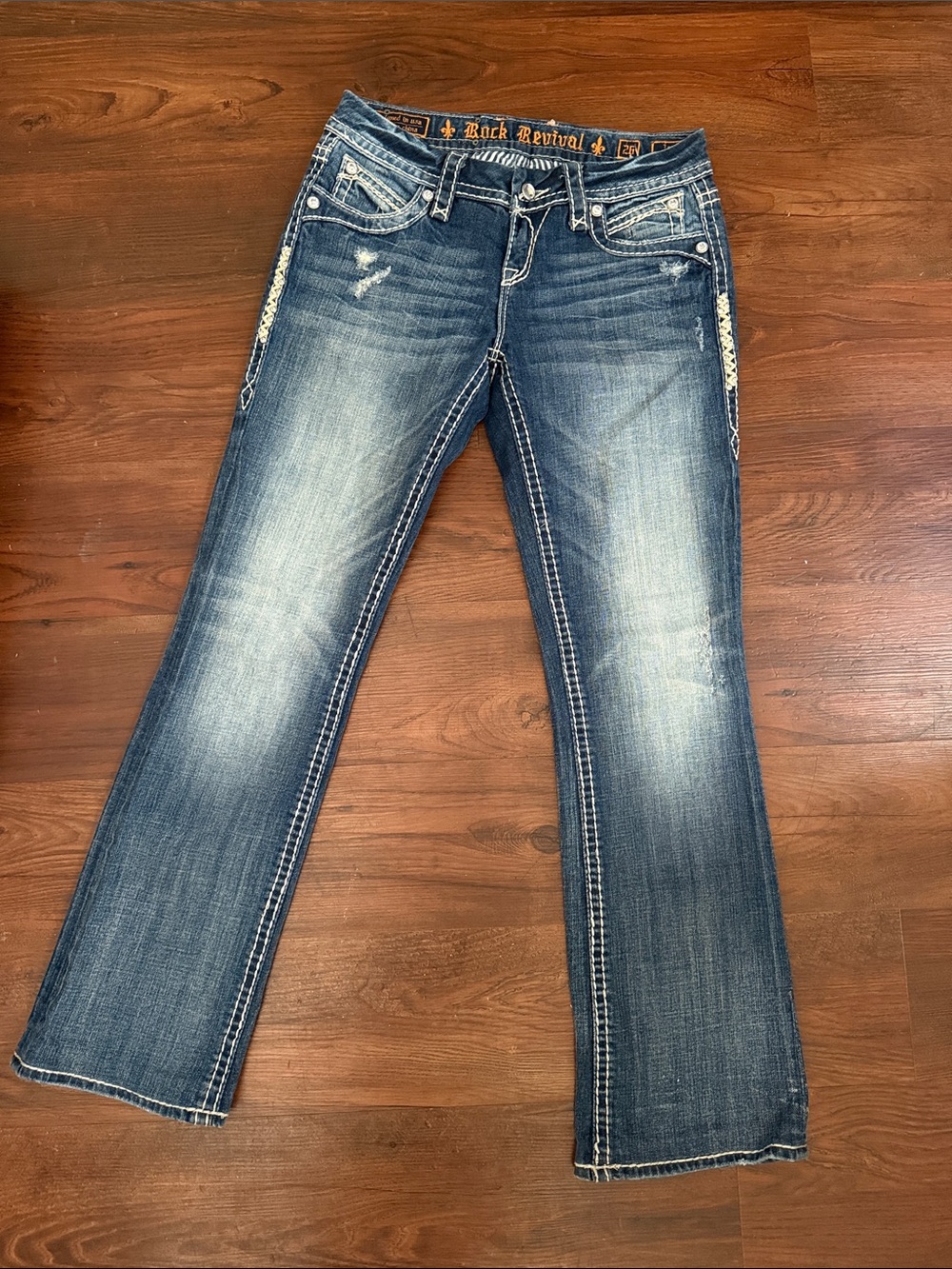 Rock Revival Women's Faded Blue Bootcut Jeans with Whipstitch Trim